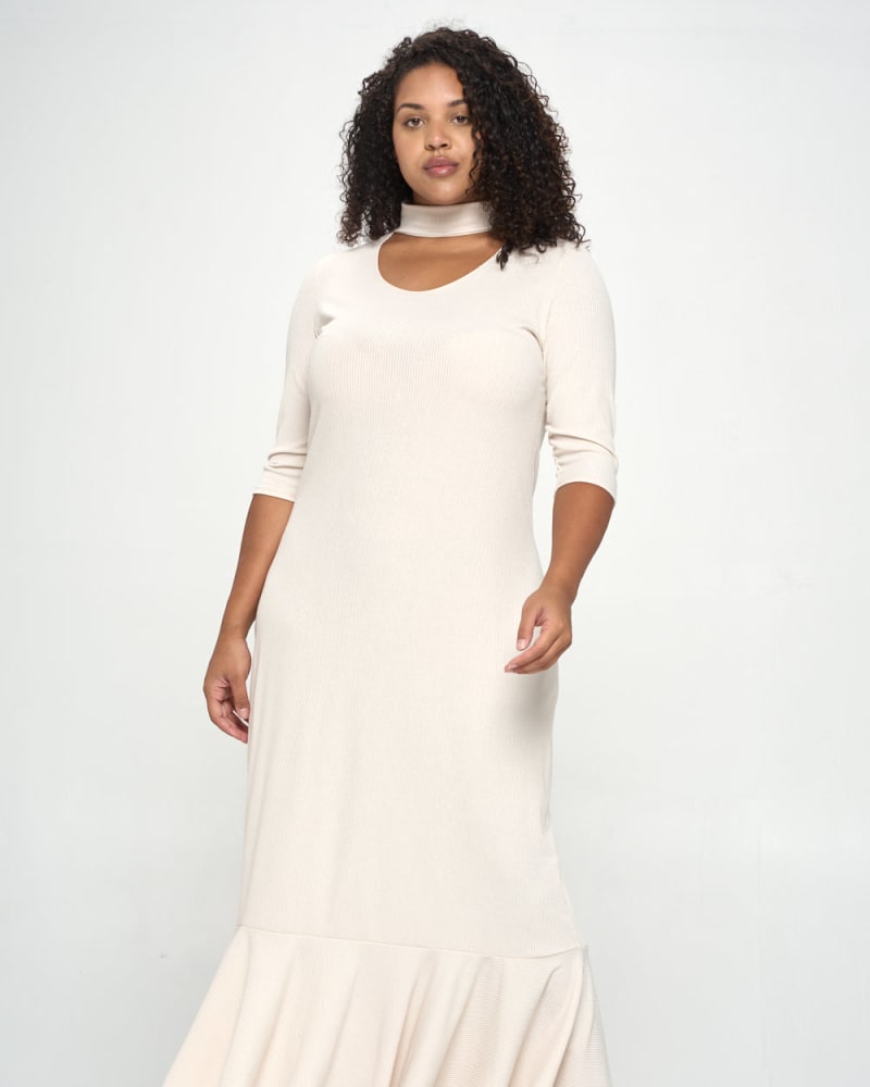 Front of a model wearing a size 3X Jordan Cutout Rib Dress in Taupe by L I V D. | dia_product_style_image_id:240954